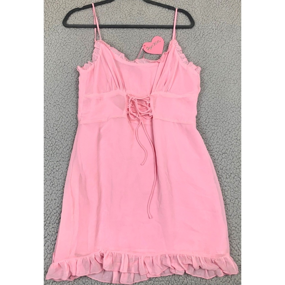 Sugar Thrillz Pink Chiffon Mini Dress Womens M Ruffle Lace Up Fairycore‎